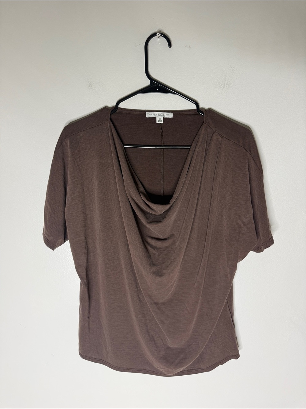 Green Envelope Brown Draped Cowl-Neck Short Sleeve Top Medium